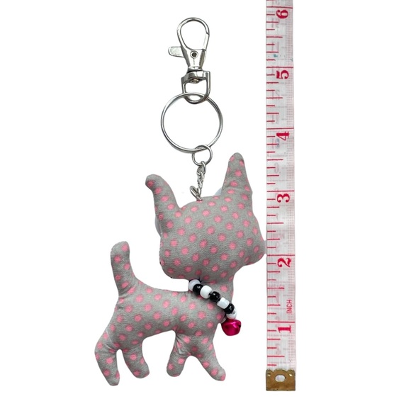 Handmade Gray & Pink Polka Dot Kitty Cat Keychain Purse Charm - Picture 3 of 6